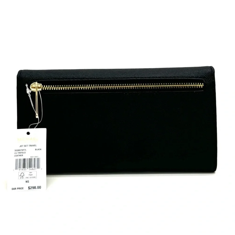 Michael Kors Large Trifold Wallet Black Leather Black/Gold